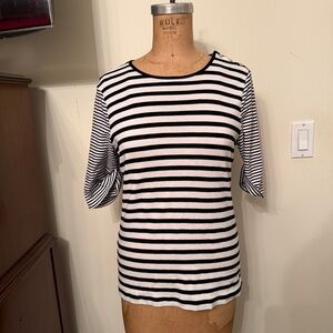 Lauren Ralph Lauren Black Striped Button Shoulder Long Sleeve T-Shirt Top